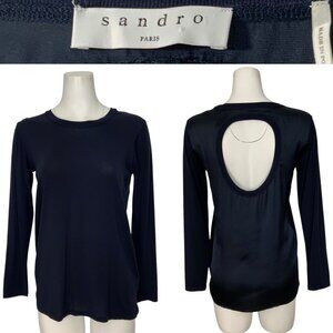 Sandro Paris Womens Cutout Blouse 1 US/S Blue Mixed Media Long Sleeve Crewneck